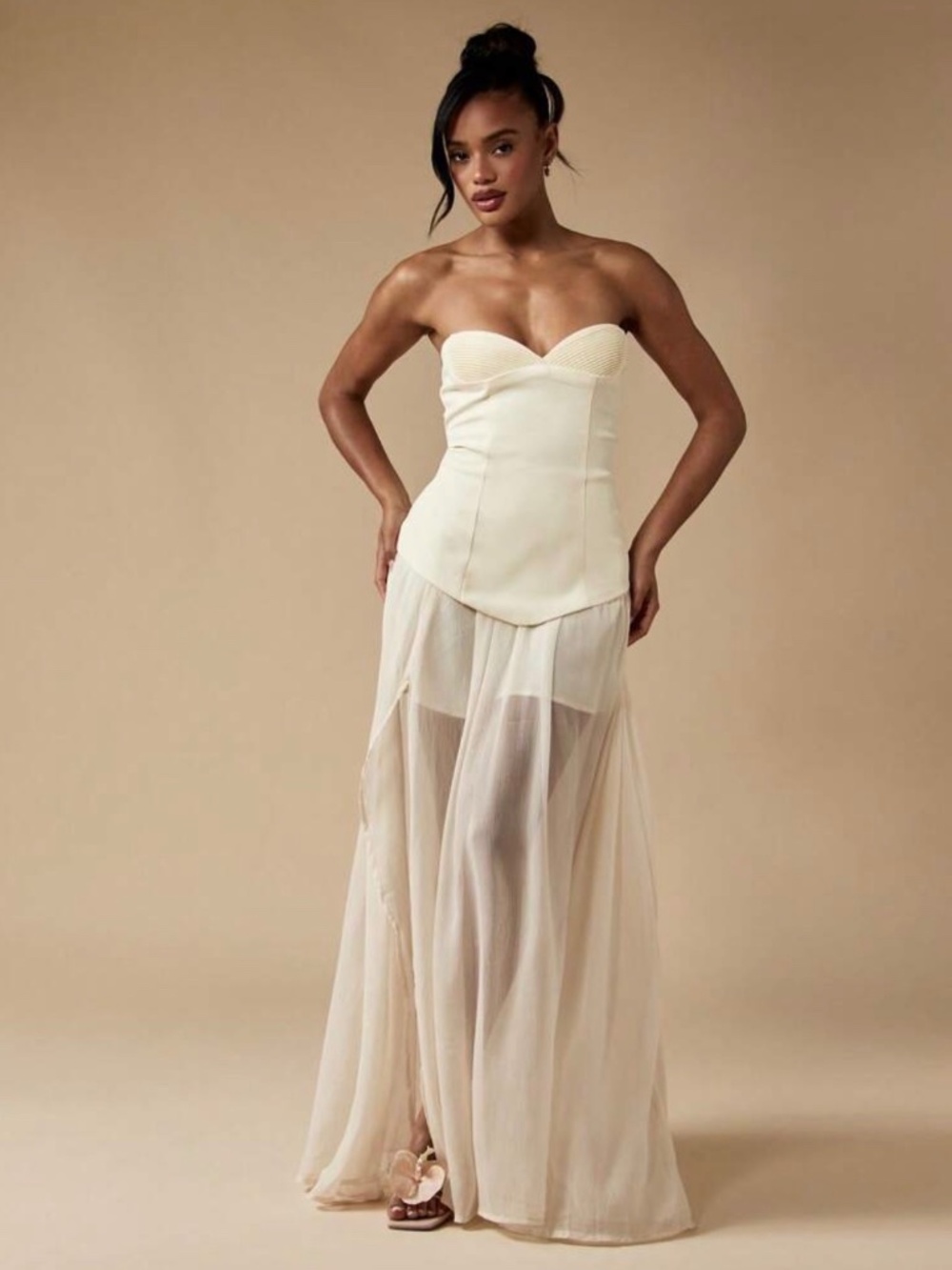 Strapless Waist Pleated Evening Maxi Dress With High Slit